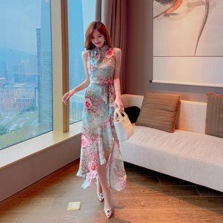 Set: Sleeveless Floral Print Top + Irregular A-line Skirt
