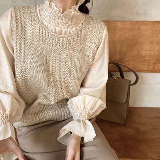 Turtleneck Bell-sleeve Blouse / Knit Vest