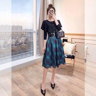 Set: Mock Two-piece 3/4-sleeve Knit Top + Plaid A-line Skirt