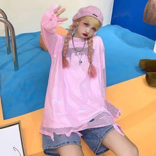 Long-sleeve Ripped Mesh T-shirt
