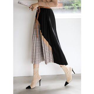Plaid-panel Piped Long Pleated Skirt
