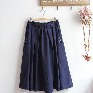 Embroidered Midi A-line Skirt Navy Blue - One Size