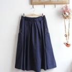 Embroidered Midi A-line Skirt Navy Blue - One Size