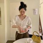 Short-sleeve Frill Trim Perforated Cardigan Ivory - One Size