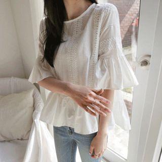Ruffle-hem Eyelet-lace Top