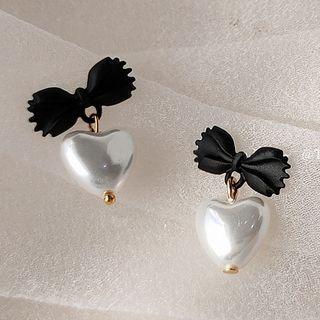 Bow Heart Drop Earring 1 Pair - C - 221 - Black Bow & Faux Pearl - Silver - One Size