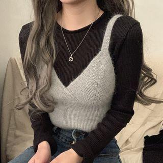 Set : Knit Strap Camisole Top + Semi High-neck Knit