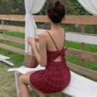 Cutout Bow Back Plaid Strappy Dress