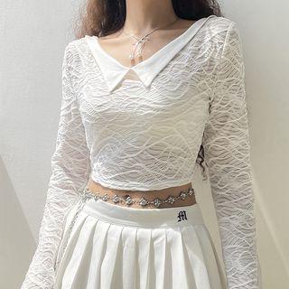 Bell Sleeve V-neck See-through Crop Top