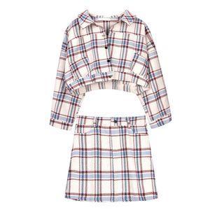 Set: Cropped Plaid Shirt Jacket + Mini Fitted Skirt