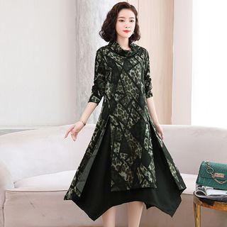 Mock-turtleneck Long-sleeve Patterned A-line Dress