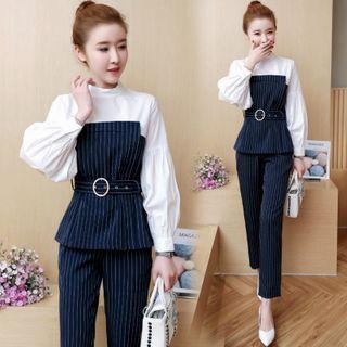 Set: Balloon-sleeve Paneled Pinstriped Peplum Blouse + Straight-cut Pants