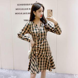 Long-sleeve Button Plaid Mini A-line Dress