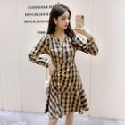 Long-sleeve Button Plaid Mini A-line Dress