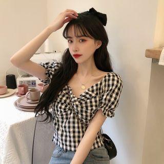 Puff-sleeve Check Twist-front Top