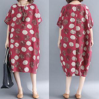Dotted Short-sleeve Midi Shift Dress Red - One Size