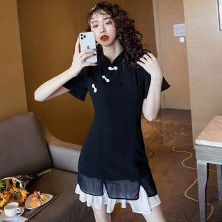 Mandarin Collar Short-sleeve Ruffle Hem Mini A-line Dress
