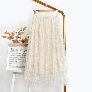 Floral Mesh Panel Midi A-line Skirt