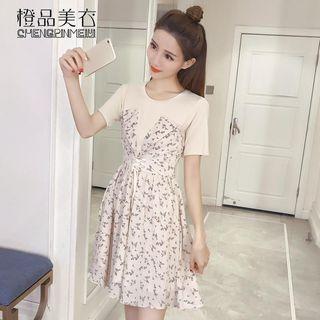 Short-sleeve Floral Panel Chiffon Mock Two-piece Dress