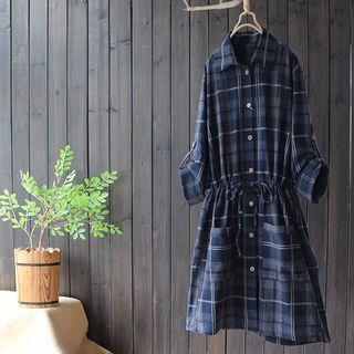 Fold-up Long Sleeve Plaid Shirtdress Dark Blue - One Size