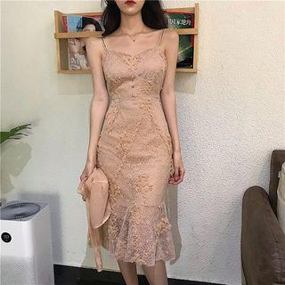 Lace Asymmetric Spaghetti Strap Midi Dress