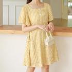 Checked Cut-out Short-sleeve Mini A-line Dress