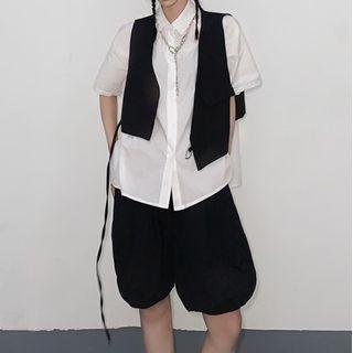 Short Sleeve Plain Shirt / Open Front Vest / Lantern Shorts