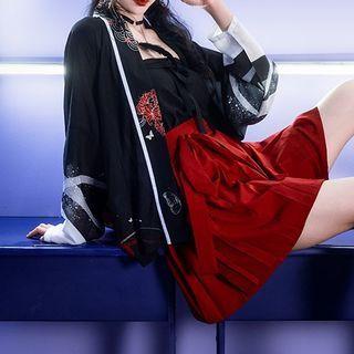 Long-sleeve Hanfu Top / Pleated Mini A-line Skirt