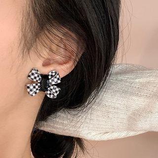 Bow Checker Alloy Earring 1 Pair - Bow - Plaid - Black & White - One Size