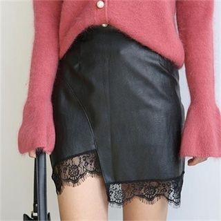 Lace-trim Faux-leather Skirt
