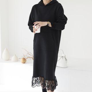 Kangaroo-pocket Lace-hem Hoodie Dress Black - One Size