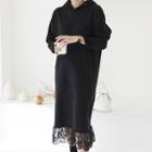 Kangaroo-pocket Lace-hem Hoodie Dress Black - One Size