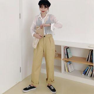 Plain Long-sleeve Loose-fit Shirt / Plain High-waist Pants