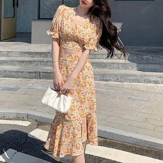 Set: Short-sleeve Floral Crop Top + Midi Pencil Skirt