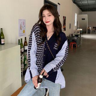 Patterned Panel Button-up Blouse
