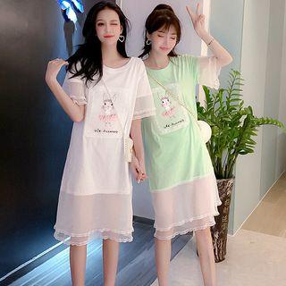 Rabbit Print Elbow Sleeve Mesh T-shirt Dress