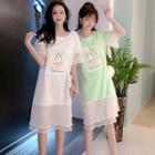 Rabbit Print Elbow Sleeve Mesh T-shirt Dress