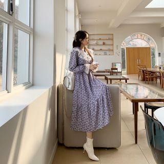 Collared Lace-trim Floral Long Dress