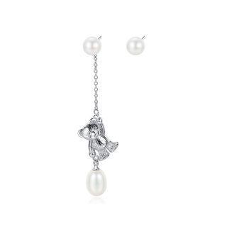 Sterling Silver Simple And Fashion Bear Tassel Asymmetric Earrings With White Freshwater Pearls Silver - One Size