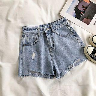 Asymmetric Frayed High-waist Shorts