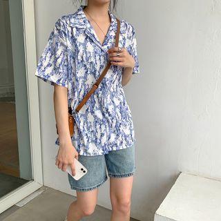 Short-sleeve Print Shirt Blue - One Size