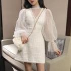 Lantern-sleeve Chiffon Top / Tweed Sleeveless A-line Mini Dress