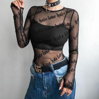 Lettering Print Long-sleeve Mesh Crop Top