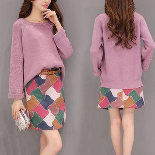 Set : Plain Knit Top + Faux Suede Print Skirt