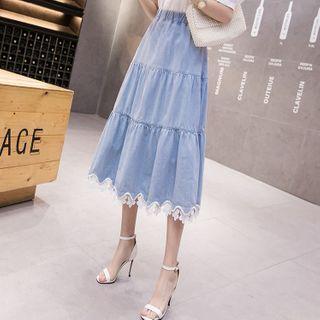 Lace Trim Midi A-line Denim Skirt