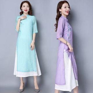 Embroidered 3/4-sleeve Stand-collar Dress
