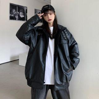 Buckled Faux Leather Zip Jacket Black - One Size