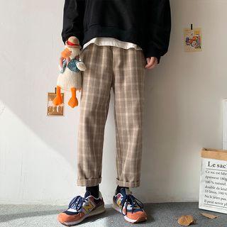 Fleece-lined Plaid Straight-leg Pants