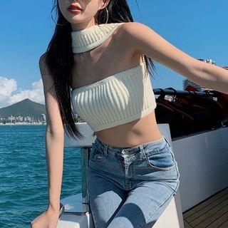 Strapless Halter Neck Ribbed Knit Top