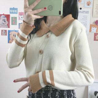 Color Panel Lapel Long-sleeve Knit Top